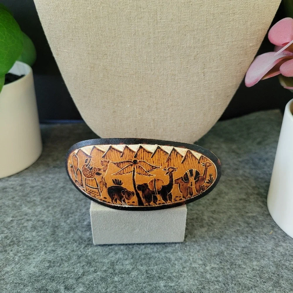 Safari Wildlife Scene Oval Hair Barrette Etched Pictorial Boho Statement Alpaca
